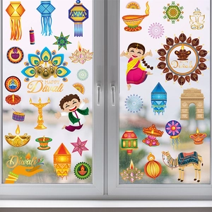 Vibrant Happy Diwali window stickers set featuring Diya and traditional Indian motifs