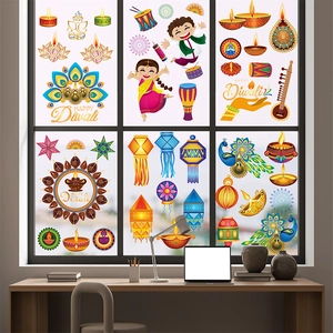 Vibrant Diwali window stickers set featuring colorful diyas, peacocks and mandalas