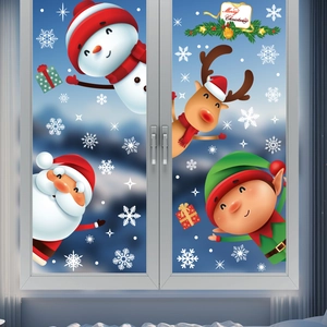 Christmas window static stickers featuring Santa, elk and snowman with white snowflakes