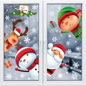 Detailed Christmas window stickers featuring Santa Claus, reindeer, and snowflakes