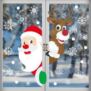 Christmas window stickers set featuring Santa Claus, reindeer and white snowflakes decals