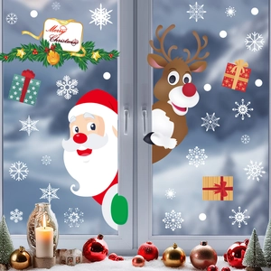 Christmas Window Clings PVC Electrostatic Film Double Sided Reusable Santa Claus Reindeer Snowflake Holiday Glass Decor