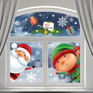 Detailed Christmas window stickers showing Santa and snowflakes on a snowy arched window