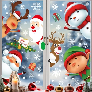 Christmas Window Clings Set Santa Claus Reindeer Snowman Snowflakes PVC Static Cling Decals For Glass Door Double Sided Winter Holiday Decorations