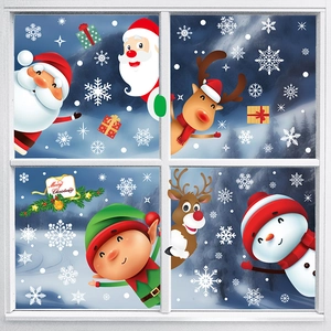 Christmas window decals featuring Santa, reindeer, and snowflakes for holiday home decor