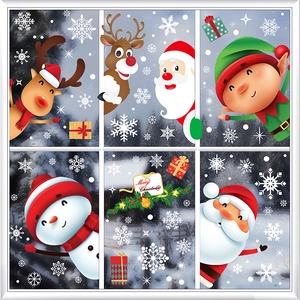 Cartoon Christmas window stickers featuring Santa, reindeer, and snowflakes for glass decoration