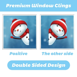Double-sided Christmas window cling showing a cute cartoon snowman peaking from the side