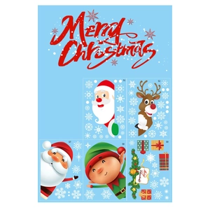 Christmas static window decals featuring Santa, reindeer, and snowflakes on blue background