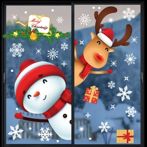 Detailed Christmas window stickers featuring snowman, elk, and snowflakes on glass