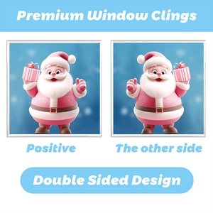 Detailed double sided view of a 3D pink Santa Claus window cling for Christmas decor