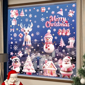Detailed pink 3D Christmas window stickers featuring Santa Claus and snowmen on glass