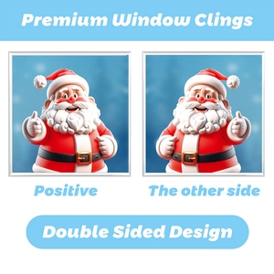 Detailed view of 3D Santa Claus window sticker with double-sided design and static cling