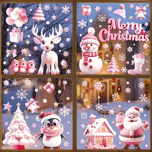 3D pink Christmas window stickers featuring Santa Claus, snowflakes, and gingerbread house