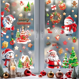 Detailed Christmas window decals featuring Santa, snowman and penguins on glass pane