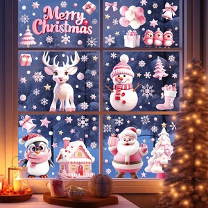 Pink Christmas window stickers set with Santa and reindeer on glass window with snowy view