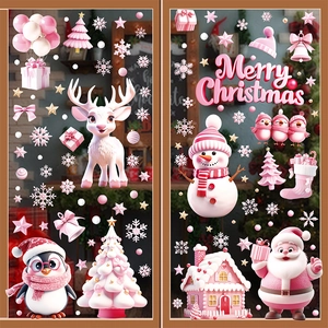 Christmas Window Clings Pink Santa Snowflake Static Stickers Double Sided Glass Decals Holiday Xmas Home Party Decor