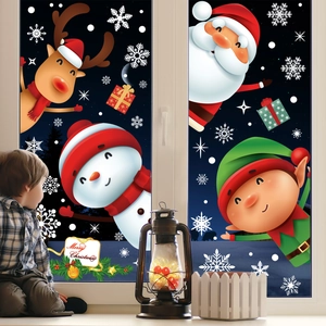 Christmas Window Clings Static PVC Stickers Santa Reindeer Snowman Snowflake Decals For Glass Holiday Home Decoration