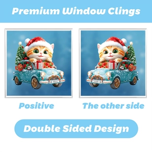 Beidseitiger Weihnachtsaufkleber mit einer orangefarbenen Katze im blauen Auto