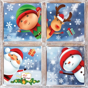 Christmas window static stickers featuring Santa, reindeer, and snowmen in snowy forest