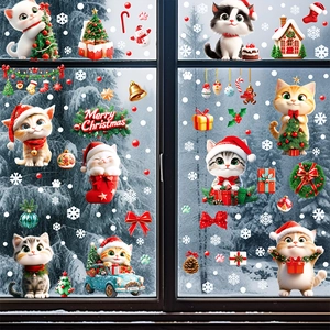 Detailansicht von 3D-Weihnachtsfensteraufklebern mit süßen Katzen und Schneeflocken