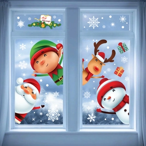 Cartoon Santa and reindeer static window stickers for Christmas glass decoration
