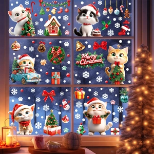 Weihnachtsfensteraufkleber Set mit süßen Katzen und Schneeflocken für festliche Dekoration
