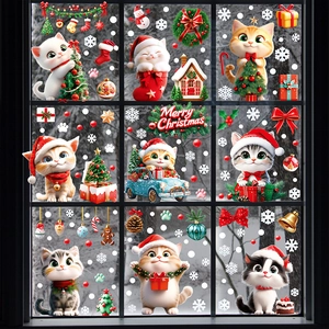 Weihnachtsfensterbilder mit süßen Katzen, Schneeflocken und Merry Christmas Schriftzug