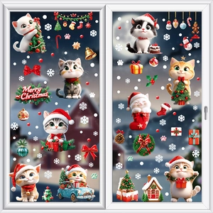 Weihnachtsaufkleber mit süßen Katzen, Schneeflocken und festlicher Dekoration für Fenster