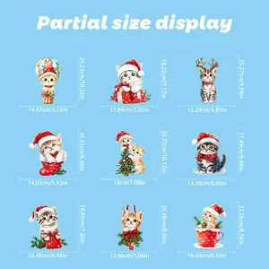 Size chart showing dimensions for 9 Christmas cat stickers with balloons and snowflakes