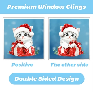 Double-sided Christmas cat window cling showing a cute white cat with gift box and snowflakes