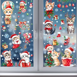 Detailed Christmas window decals featuring cute cats, reindeer, and snowflakes on glass