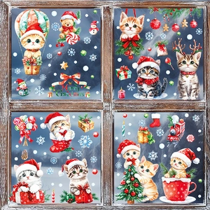 Christmas cat window stickers with snowflakes and balloons on glass against snow mountains