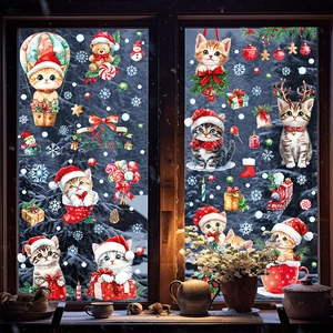 Christmas cat static window clings set featuring festive kittens and snowflakes