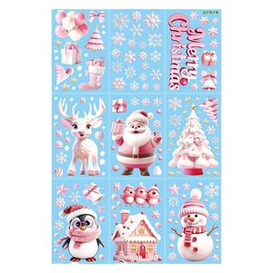 Pink Christmas window stickers set with 3D Santa Claus snowflakes and reindeer decals