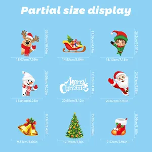 Detailed size specifications for Christmas window stickers featuring reindeer and Santa Claus
