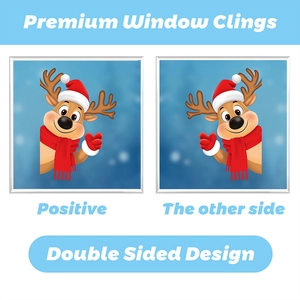 Double-sided Christmas reindeer window cling showing front and back view with festive design
