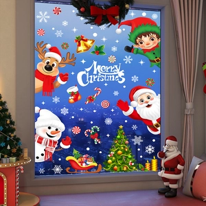 Festive Christmas window decals featuring Santa, reindeer and snowmen on glass