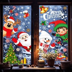 Christmas window decals set featuring Santa, reindeer and snowman on a glass window frame