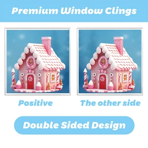 Double-sided pink gingerbread house window sticker showing both front and back views