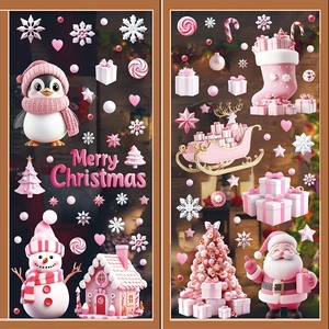 Pink Christmas Window Stickers Static Cling Double Sided Santa Penguin Snowman Gingerbread House Snowflakes PVC Holiday Decor