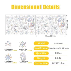 Size chart showing dimensional details for 58pcs snowman and snowflake window clings