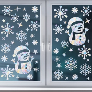 Rainbow prism Christmas window clings with snowman and snowflake patterns for home decor