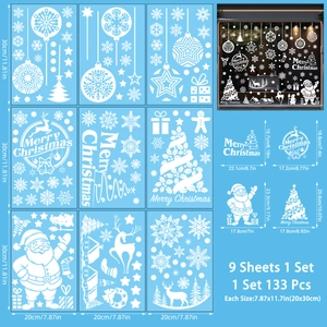 Detail of 9-sheet Christmas window clings set with 133 white snowflake and reindeer decals
