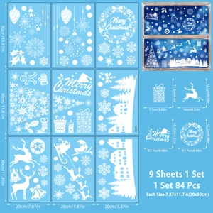 Detailed size guide for 84-piece white Christmas static window clings set with reindeer and snowflakes