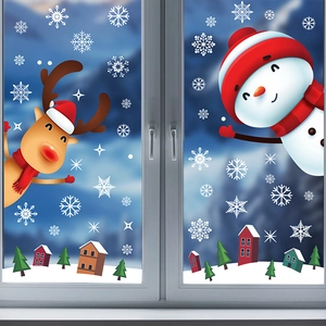 Stickers de Noël pour fenêtre avec rennes, bonshommes de neige et chalets enneigés