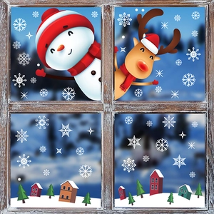 Stickers de Noël pour fenêtres avec bonhomme de neige, renne et maisons sous la neige