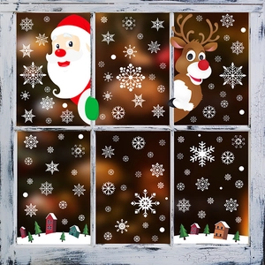 Christmas window stickers featuring Santa Claus and reindeer on vintage white wooden frame