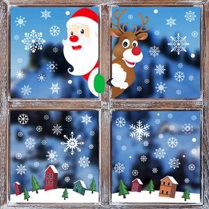 Christmas window stickers featuring Santa, reindeer, white snowflakes and winter houses