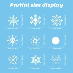Size chart showing various snowflake static sticker dimensions in cm and inches for windows
