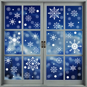 White snowflake static stickers set on glass window for Christmas holiday home decoration
